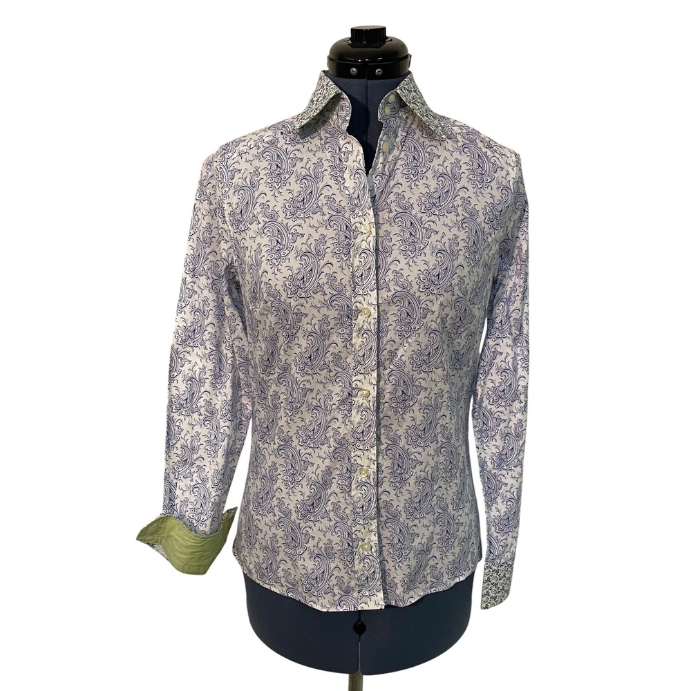 Etro Milano Womens Blue Paisley Flip Cuff Button Up Blouse Career Preppy Chic 42